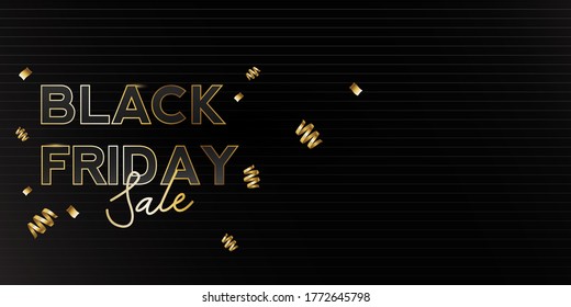 vector illustration of Black Friday Sale. Banner, poster, logo golden color on dark background with many gold ribbon 