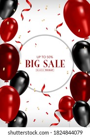 Vector illustration black friday sale banner template with with shiny balloons. banner promotion.