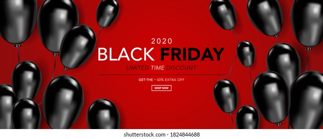 Vector illustration black friday sale banner template with shiny black balloons in red background. banner promotion.