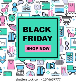 Vector illustration black friday sale banner background with shopping icons. Black Friday template for social media posts, banner, card design, etc.