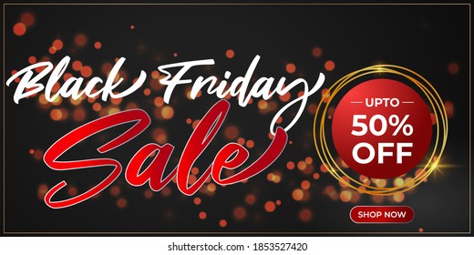 Vector illustration of Black Friday Sale banner, upto 50% off, shop now, offer template for website and UI.