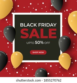 Vector illustration of Black Friday Sale banner, upto 50% off, shop now, offer template for website and UI.