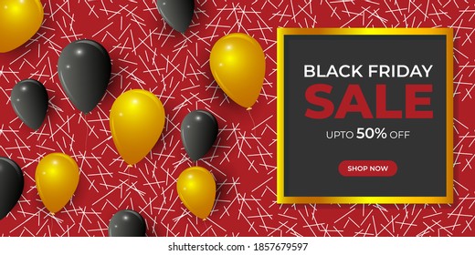 Vector illustration of Black Friday Sale banner, upto 50% off, shop now, offer template for website and UI.