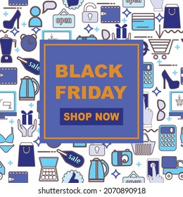 Vector illustration black friday sale banner background with shopping icons. Black Friday template for social media posts, banner, card design, etc.
