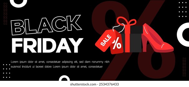 A vector illustration of a Black Friday sale banner featuring a gift box, high heel, and sale tags, set against a bold graphic background.