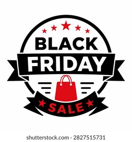 A vector illustration of a Black Friday sale badge featuring a red shopping bag, stars, and a ribbon with the word 'SALE' on a white background.