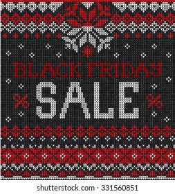 Vector illustration Black Friday Sale: Scandinavian or russian style knitted embroidery pattern with borders. White, black, red  colors. Flat style