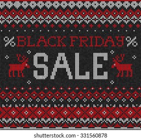 Vector illustration Black Friday Sale: Scandinavian or russian style knitted embroidery pattern with borders and deers. White, black, red  colors. Flat style