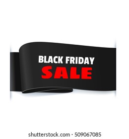 Vector illustration of Black Friday Sale. Dark realistic curved paper ribbon.