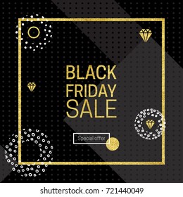 Vector illustration of Black friday sale design template. Gold inscription isolated on black background. Luxury banner with announcing about discount.