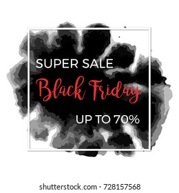 	
Vector Illustration of Black Friday sale inscription on abstract ink blots. Black Friday template banner or poster. Sale and discount for web and print.