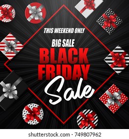 Vector illustration of Black Friday sale banner with different gift boxes on black striped background