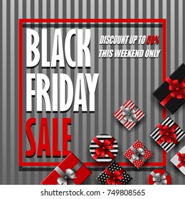 Vector illustration of Black Friday sale banner with different gift boxes on gray striped background