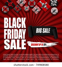 Vector illustration of Black Friday sale banner with gift boxes and black ribbon on red background