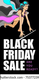 Vector illustration of Black Friday Sale banner with girl preparing for race to shopping. Inscription design template.