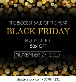 Vector illustration of Black Friday sales banner decorated with golden confetti.