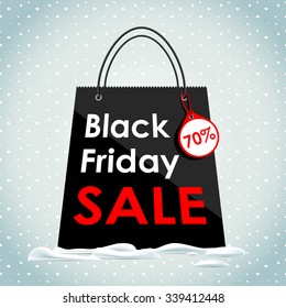 Vector illustration. Black Friday sales. Black bag in the snow. Sale of a black bag.