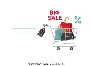 Vektorgrafik eines Black Friday Einkaufskonzepts mit einem mit Einkaufstaschen gefüllten Warenkorb aus Metall. Perfekt für Black Friday Verkaufsbanner, Marketing, Werbung und E-Commerce-Aktionen.