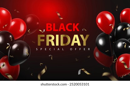 vector illustration black friday special offer celebration sale banner with bright red and black balloons.