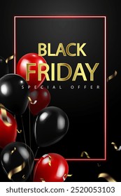 vector illustration black friday special offer celebration sale banner with bright red and black balloons.