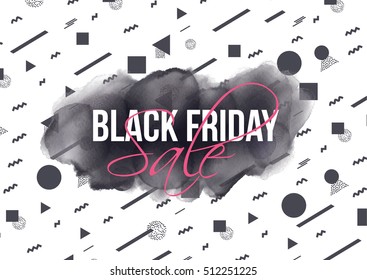 vector illustration. Black Friday World Day sales. stylish background 80s geometric colorful patterns. menphis style.. transparent watercolor stain (can be used on any background) handmade graphics