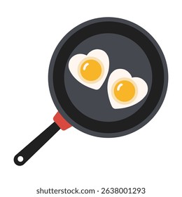 Vector illustration of a black frying pan with two heart-shaped fried eggs. Cute food concept for breakfast or love-themed designs. Isolated on white background.
