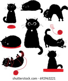 Vector illustration of black furry cat in different positions