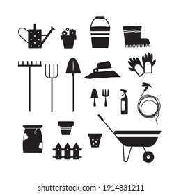 Vector illustration of black garden tools isolated on white background. Bucket, wheelbarrow, shovel, pitchfork, rake, watering can, plant pot, bag of seeds.