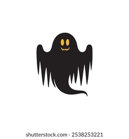 Ilustración vectorial de un fantasma negro con una forma ondulada y fluida, sobre un fondo blanco. El fantasma tiene una expresión amistosa pero traviesa con dos ojos amarillos ovalados y una sonrisa amarilla irregular