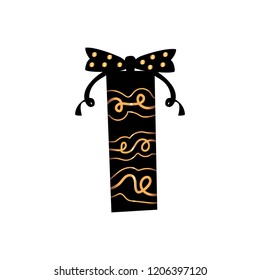 Vector illustration, black gift box with golden elements. Can be used for greeting cards, stickers, promotion, banners.