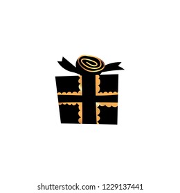 Vector illustration, black gift box with golden elements. Can be used for greeting cards, stickers, promotion, banners.