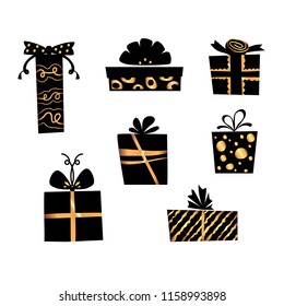 Vector illustration, black gift boxes set with golden elements. Can be used for greeting cards, stickers, promotion, banners.