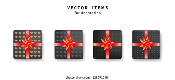 Vector Illustration of black gift boxes with ribbon and pattern. Collection realistic presents with red gift bows for Valentine's day celebrate, birthday, Christmas, sale and shopping