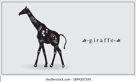 Vector illustration of a black giraffe with white flowers and plants. EPS 10.