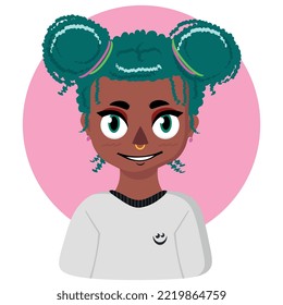 Vector illustration. Black girl with curly hair. Hairstyle. Girl avatar. Chat character.