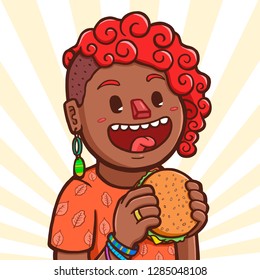 Vector illustration of a black girl preparing to eat hamburger