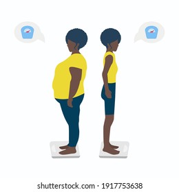 Vector Illustration of a black girl showing the weight before and after. A fat and slim female figure. Eps 10