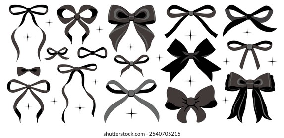 Ilustración vectorial de conjunto de arco vintage negro femenino. Arco para la decoración del cabello. Cintas aisladas. Accesorios de moda para niñas. Elementos de peinado lindo colección.Trendy rosa, coqueta, cinta. invitación de Boda