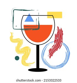 Vector illustration with black glass of red wine and abstract elements, geometric design. Colored poster, apparel print