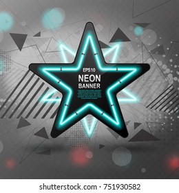Vector illustration of a black glossy banner in shape star with blue neon glow on an abstract background explosion of geometric shapes vector illustration