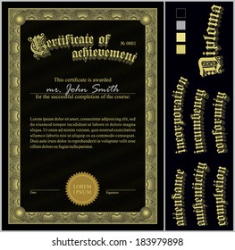 Vector illustration of black and gold certificate. Template. Vertical. Additional design elements.