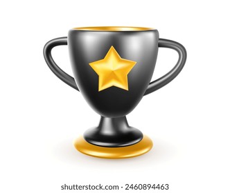 Vector illustration of black and golden color winner cup on white background with shadow. 3d style design of shine champion cup with star. First place award for web, site, banner, poster, card