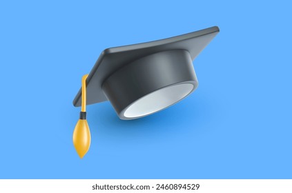 Vector illustration of black graduate cap with golden tassel on blue background with shadow. 3d style design of congratulation graduates 2024 class with graduation hat for web, site, banner, poster