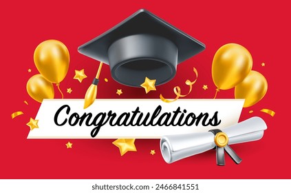 Vector illustration of black graduate cap and diploma scroll on red background. 3d style design of congratulation graduates 2024 class with graduation hat and golden air balloon. Congratulations word