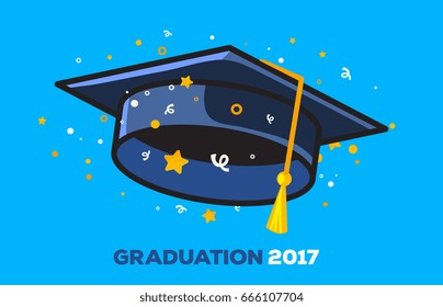 Vector illustration of a black graduate cap with confetti on blue background. Congratulation graduates 2017 class of graduations. Design of greeting, invitation card for the graduation party with hat