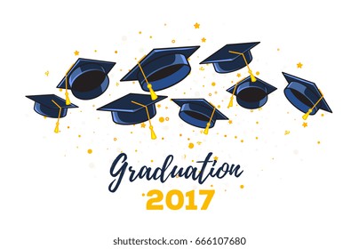 Vector illustration of black graduate caps and yellow confetti on a white background. Congratulation graduates 2017 class of graduations. Caps thrown up. Design of greeting, banner, invitation card