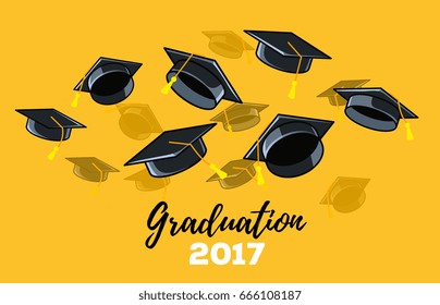 Vector illustration of black graduate caps on a yellow background. Caps thrown up. Congratulation graduates 2017 class of graduations. Design of greeting, invitation card for the graduation party