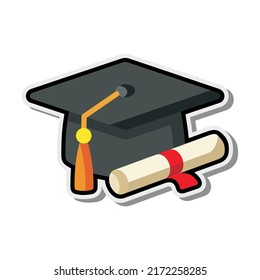 vector illustration of black graduation cap sticker with gold strap