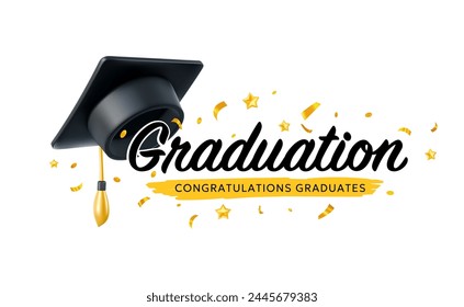 Vector illustration of black graduation hat and word graduation on white background. 3d style design of congratulation graduates 2024 class with graduate cap and congratulations word for web banner