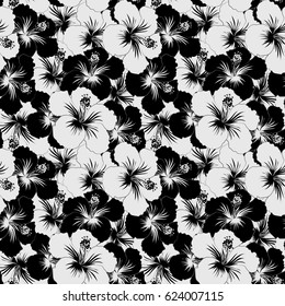 Vector illustration of black and gray hibiscus flowers. Seamless pattern with black and gray flowers. Vector illustration.